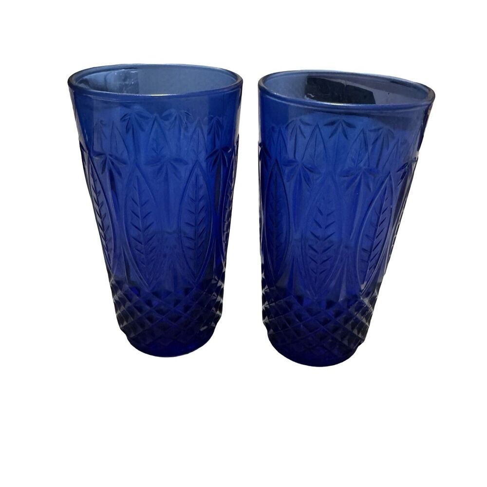 Set of 2 Vintage Cobalt Blue Arcoroc Drinking Glasses France Leaf Diamond 12 Oz
